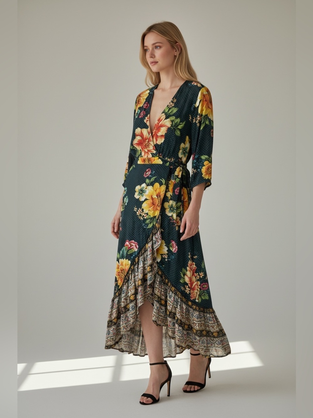Farm rio Floral Wrap Midi Dress in Dark Teal and Yellow size L